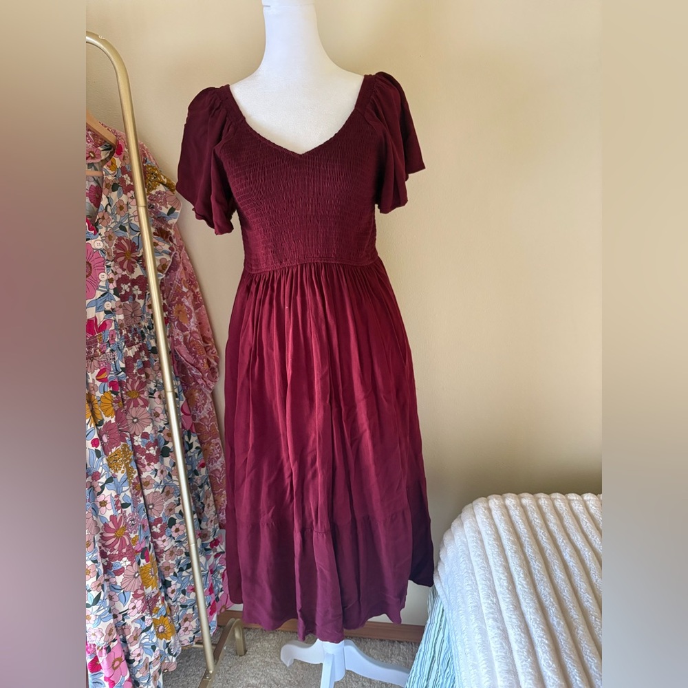 Smocked Burgundy Midi Dress with Flutter Sleeves
